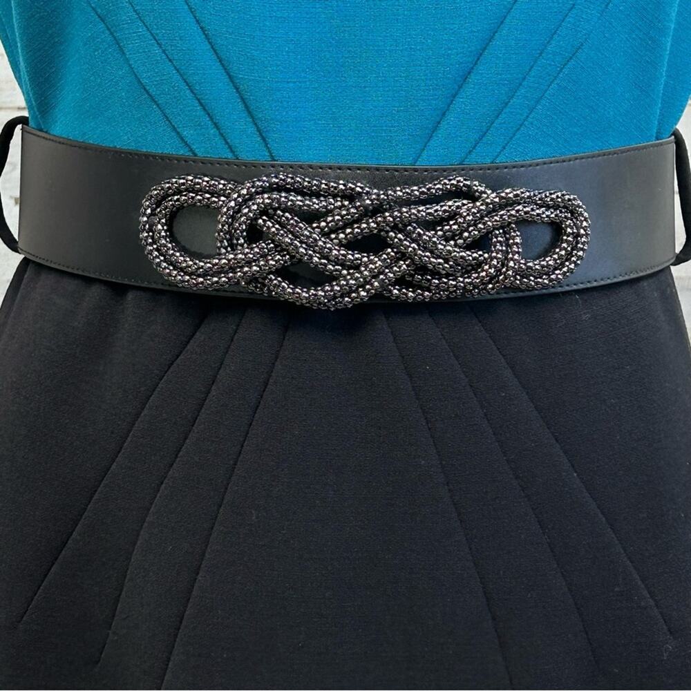 Tahari Arthur S Levine Short Sleeve Belted Dress Size 4 Teal Black Two Tone - Picture 4 of 14